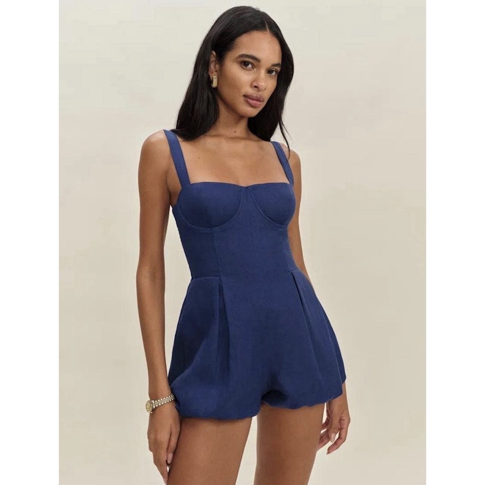 Reformation Lydia Linen Romper Sz 10 Blue